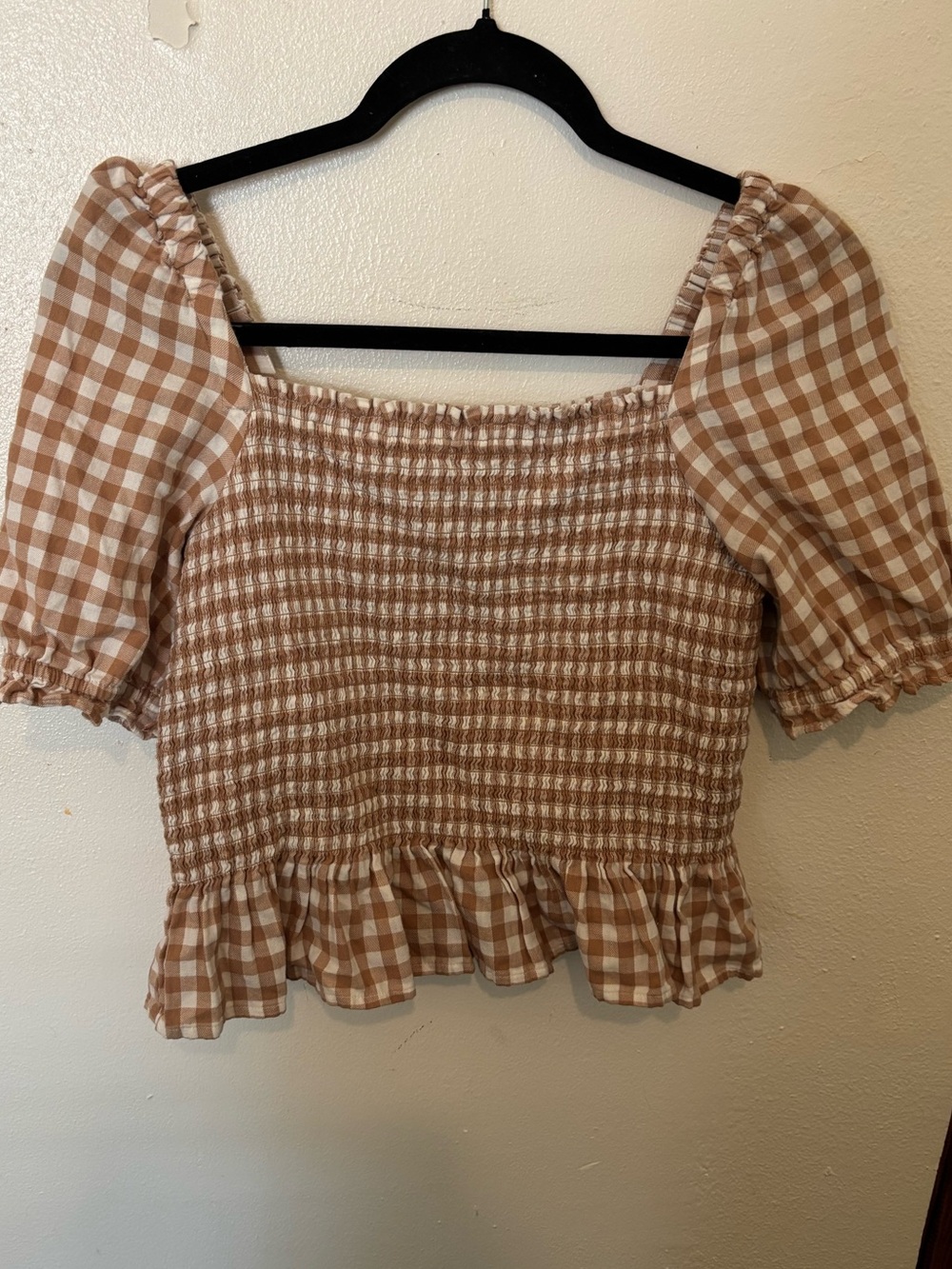 J. Crew Tan & White Gingham Smocked Crop Top